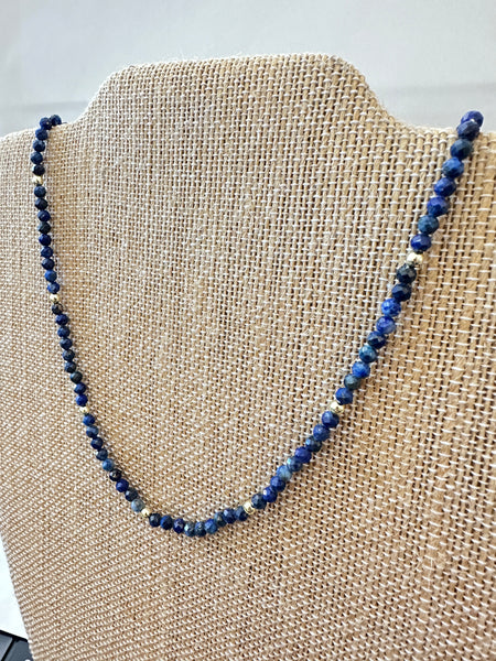 Elegant Faceted Lapis Stones With Gold Beads Accents Necklace