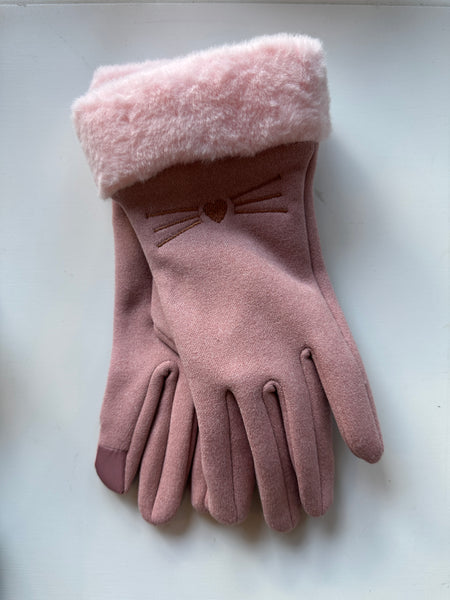 Cat Vegan Suede With Fluffy Faux Fur Trim Touch Smart Gloves: Purr Gloves