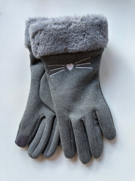 Cat Vegan Suede With Fluffy Faux Fur Trim Touch Smart Gloves: Purr Gloves