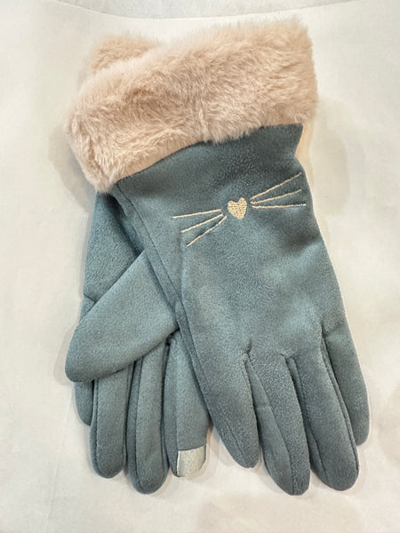 Cat Vegan Suede With Fluffy Faux Fur Trim Touch Smart Gloves: Purr Gloves