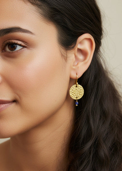 Hand Hammered Disc Charm With Faceted Stone Drop Earrings