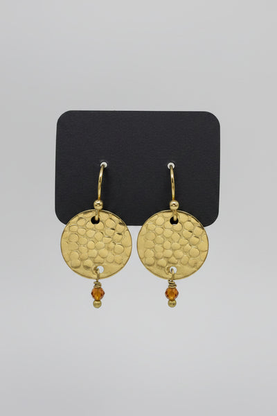 Hand Hammered Disc Charm With Faceted Stone Drop Earrings