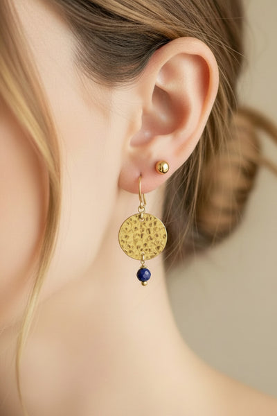Hand Hammered Disc Charm With Faceted Stone Drop Earrings
