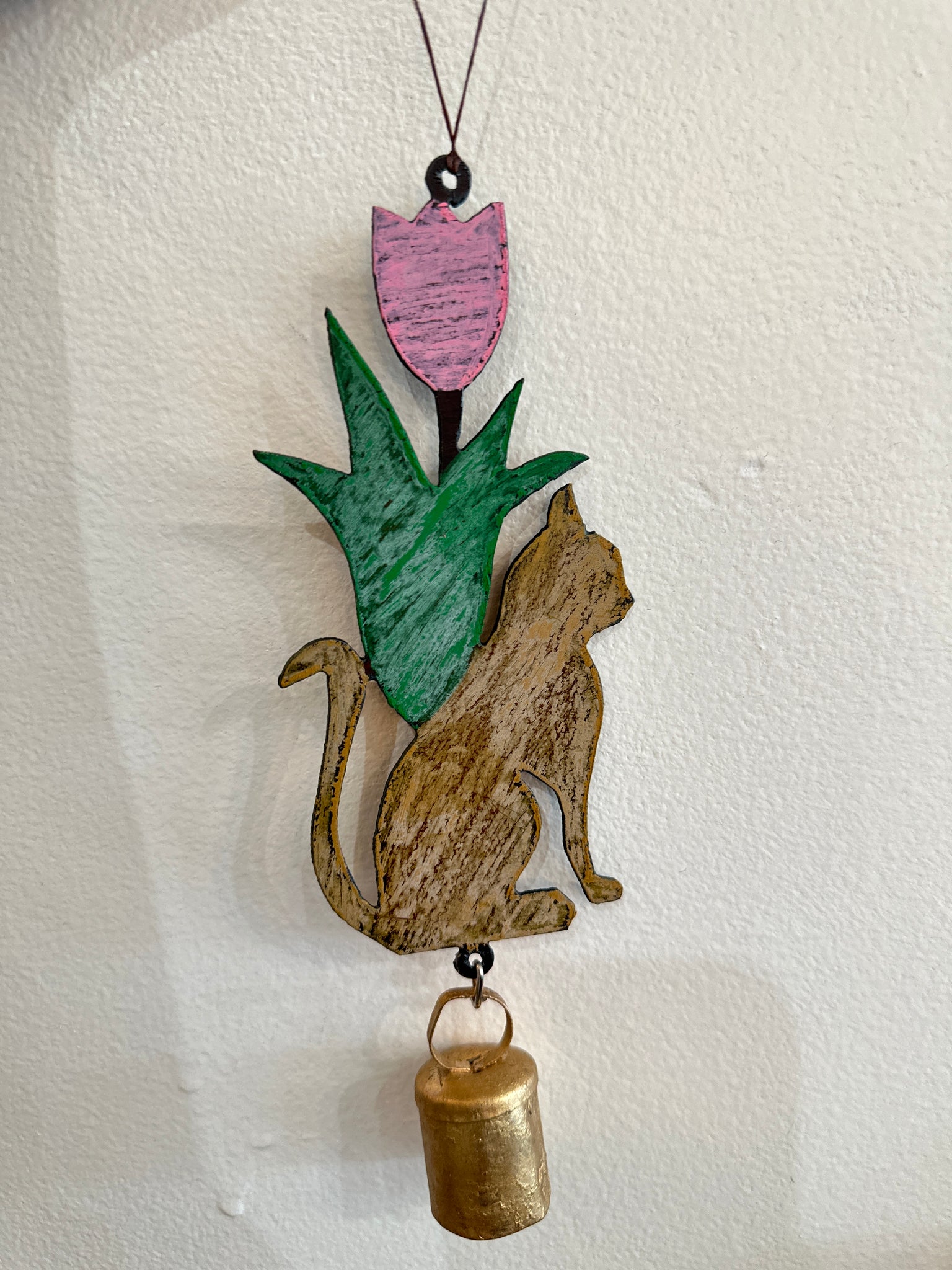 Whimsical Hanging Metal Mobile Flower Cat With Bell