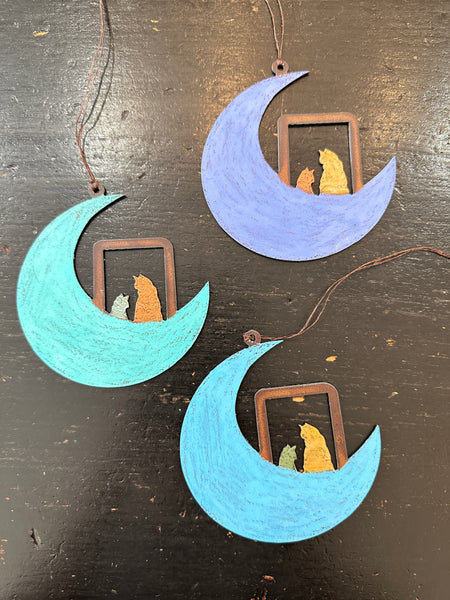 Hand Painted Whimsical Hanging Metal Mobile Moon Cats