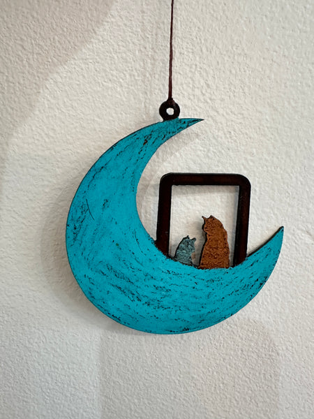 Hand Painted Whimsical Hanging Metal Mobile Moon Cats