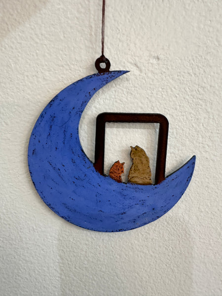 Hand Painted Whimsical Hanging Metal Mobile Moon Cats