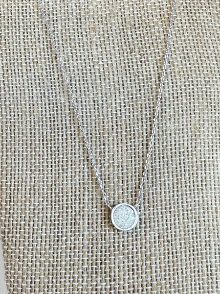Druz Necklace/ Round Druzy Charm Necklace in Silver