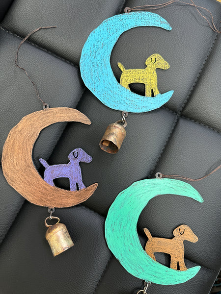 Hand-Painted Dog on The Moon with Rustic Bell: Recycled Metal Mobile Wind Chime