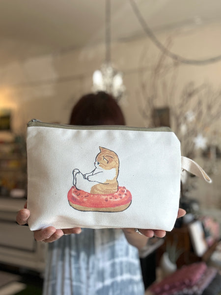 Handmade Canvas Pouch Makeup Zipper Bag w/ Cute Art Print