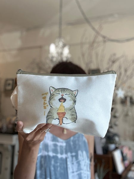 Handmade Canvas Pouch Makeup Zipper Bag w/ Cute Art Print