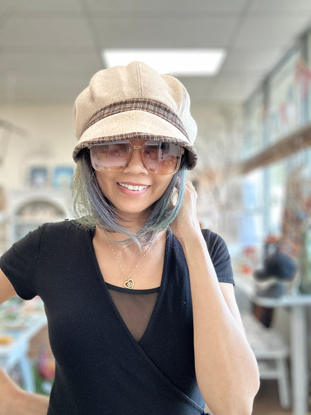 Meg Hat: Mush Tweed Newsboy Hat with Plaid Trim Accents