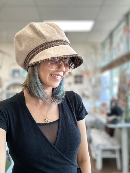 Meg Hat: Mush Tweed Newsboy Hat with Plaid Trim Accents