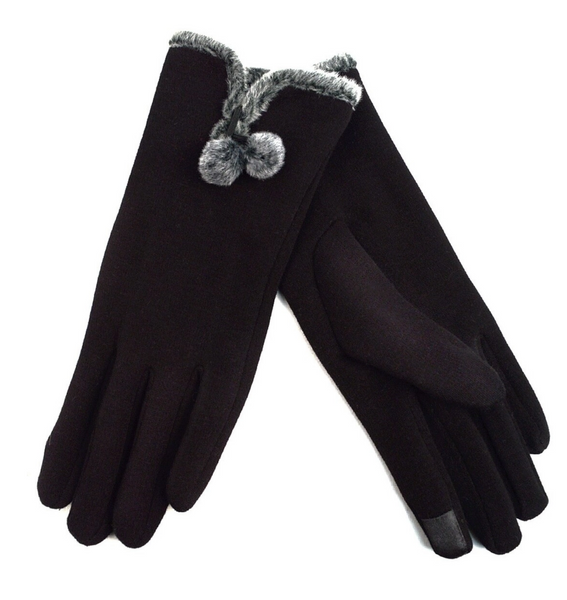 Bella Texting Glove with Faux Fur Trim with PomPom Accents