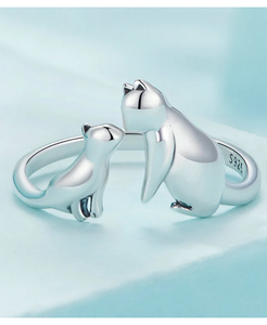 925 Sterling Silver Cat and Kitty Adjustable Ring