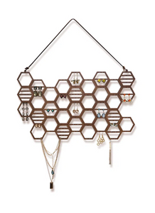 Honeycomb Earring Organizer Wall Hanging Earring Display Wood Hanging Jewelry Organizer For Stud Earrings, Necklaces (Walnut)