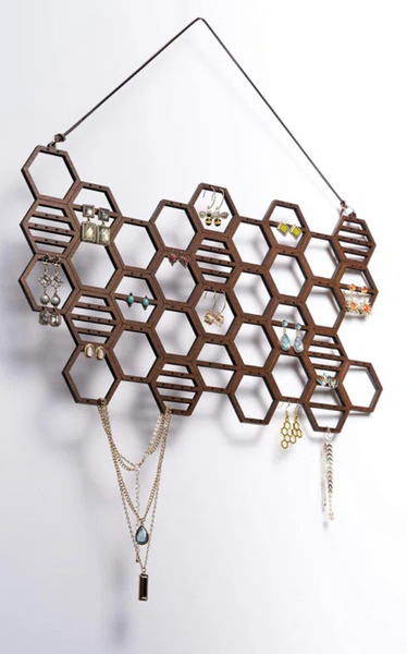 Honeycomb Earring Organizer Wall Hanging Earring Display Wood Hanging Jewelry Organizer For Stud Earrings, Necklaces (Walnut)