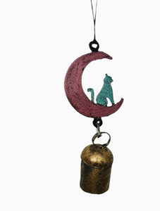 Hand Painted Whimsical Hanging Metal Moon Cat W/ Large Bell