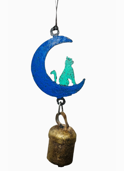 Hand Painted Whimsical Hanging Metal Moon Cat W/ Large Bell