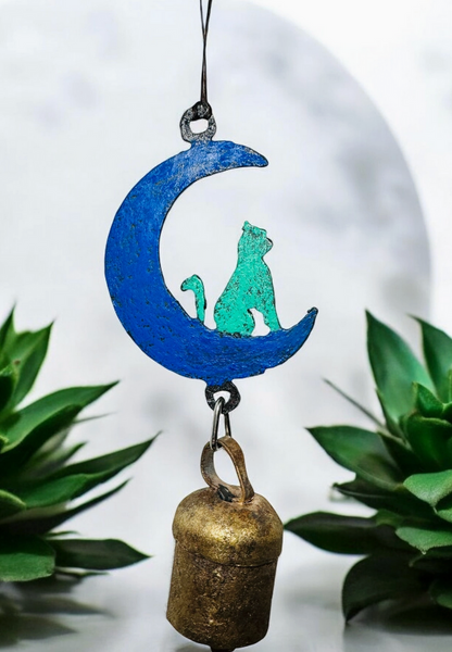 Hand Painted Whimsical Hanging Metal Moon Cat W/ Large Bell
