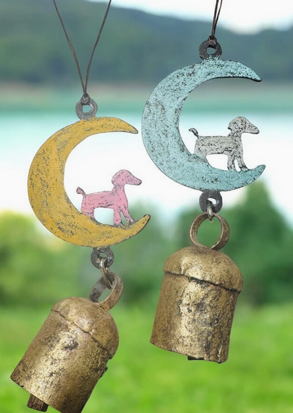 Hand Painted Whimsical Hanging Metal Moon Dog W/ Large Bell