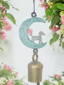 Hand Painted Whimsical Hanging Metal Moon Dog W/ Large Bell