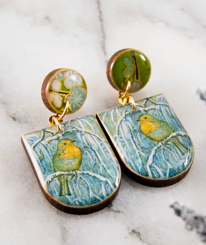 Watercolor Aqua + Yellow Bird Drop Post Earrings