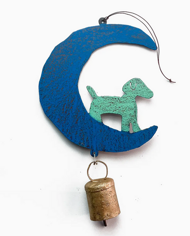 Hand-Painted Dog on The Moon with Rustic Bell: Recycled Metal Mobile Wind Chime