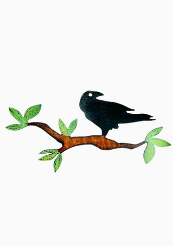 Hand Painted Raven/Crow on Branch: Metal Magnet