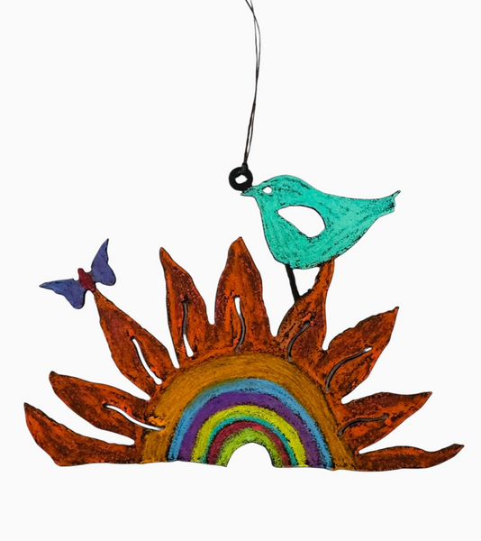 Hand Painted Whimsical Bird On Sunflower Hanging Art