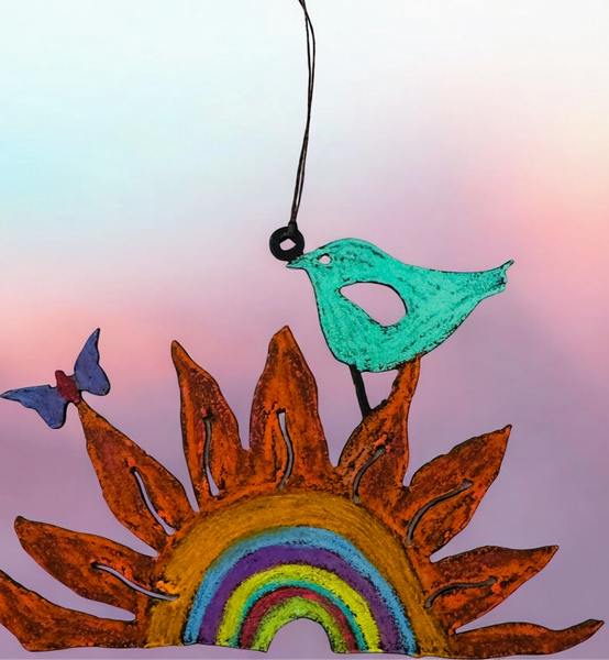 Hand Painted Whimsical Bird On Sunflower Hanging Art