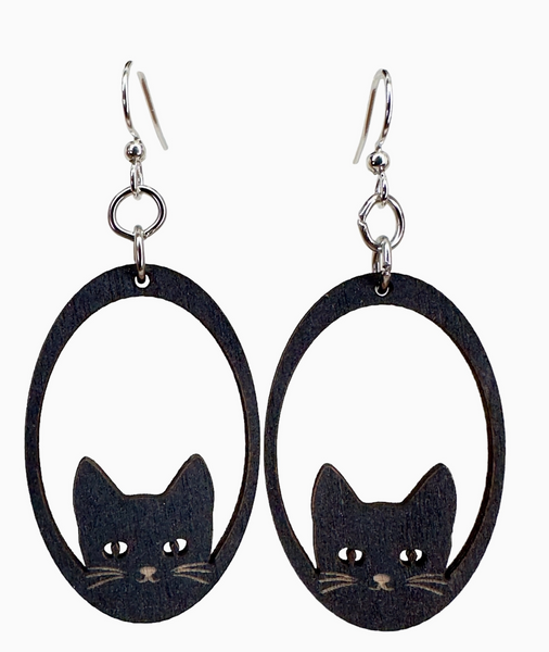 Sneaky Cat Wooden Earrings Made in CA