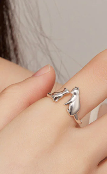 925 Sterling Silver Cat and Kitty Adjustable Ring