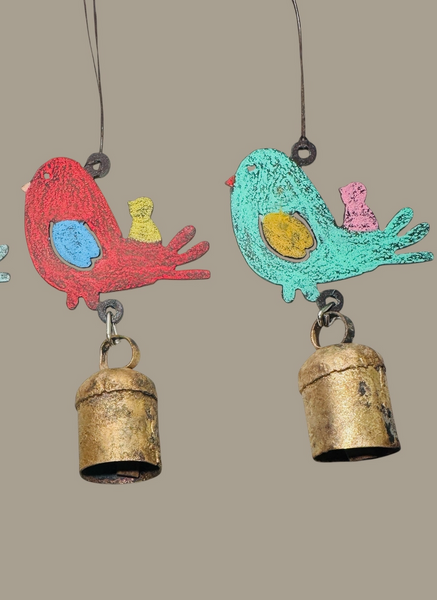 Hand-Painted Whimsical Hanging Metal Mama Bird w/ Baby Bird & Large Bell