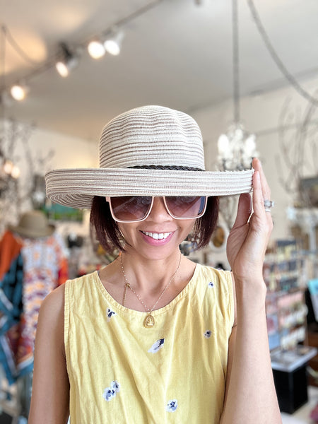 Isla Sun Hat: Packable Sun Hat with Rope Leather and Wood Charm Accents