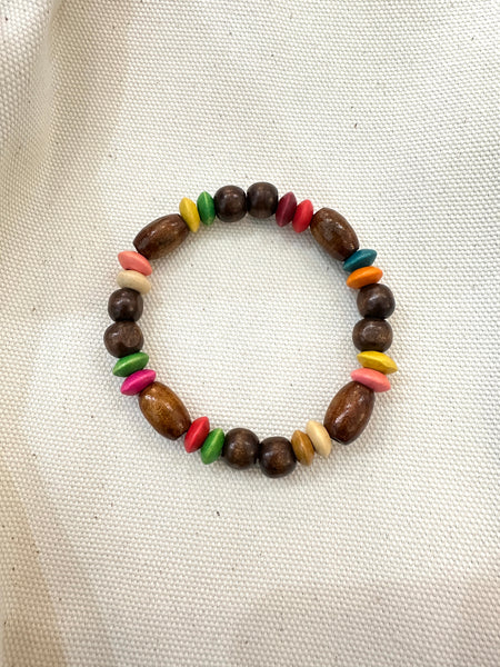 Handcrafted Colorful Wood Mixed Beaded Stretch Bracelet