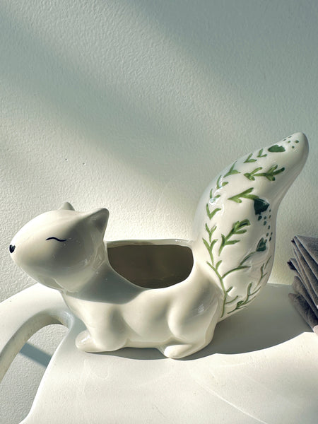 Cute Porcelain Squirrel With Hand Painted Leaves Detail Planter