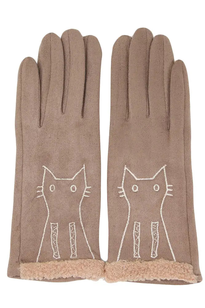 Faux Suede Embroidery Cat Smart Touch Gloves