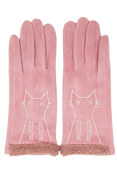 Faux Suede Embroidery Cat Smart Touch Gloves