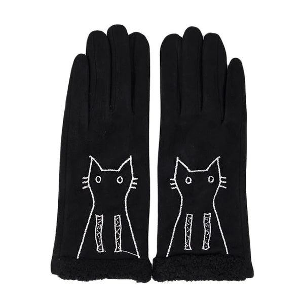 Faux Suede Embroidery Cat Smart Touch Gloves