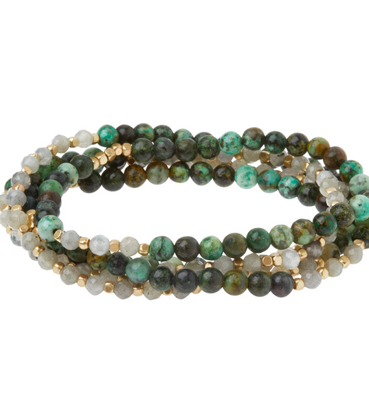 Stone Duo Wrap Bracelet/Necklace/Pin - Labradorite & African Turquoise/Gold