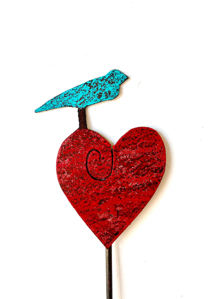Whimsical Bird On Heart Plant Stake Garden Metal Art