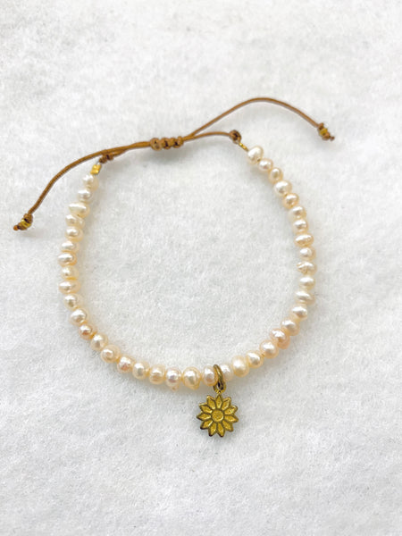 Handmade Freshwater Pearl Bracelet w/ Dainty Flower Charm