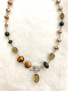 Elegant Mix Stone and Pearl Beads on Sterling Silver Necklace