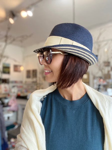 Fun Fedora Hat with Stripe Short Brim - Navy Tan