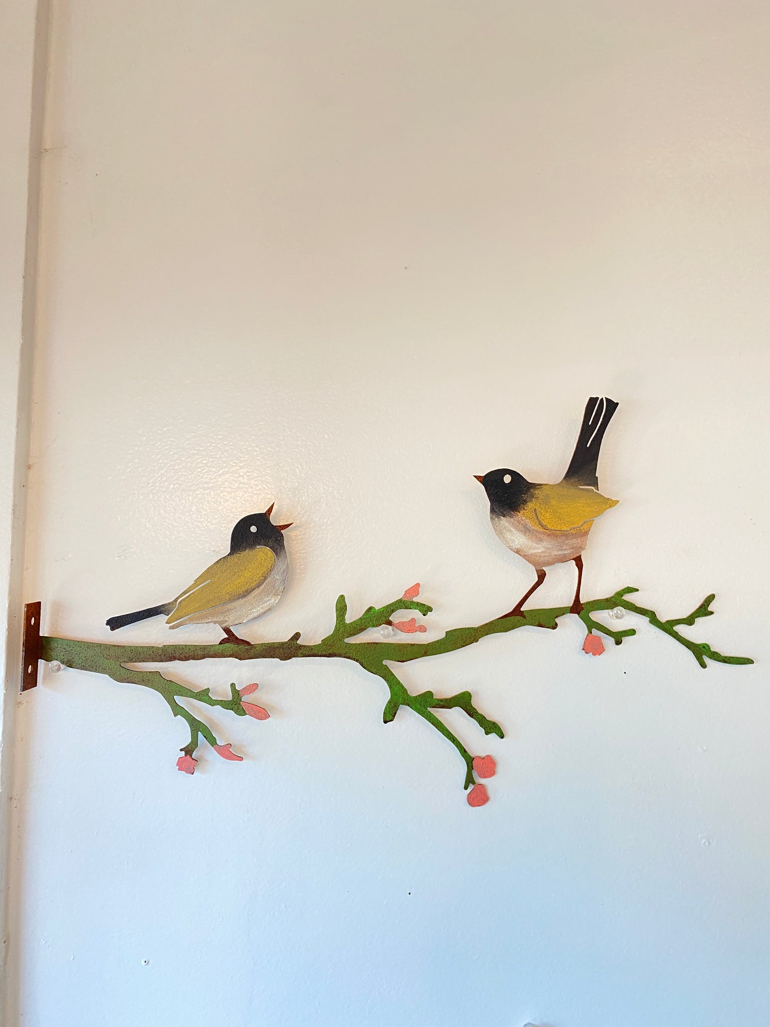 Hand Painted Metal Love Birds on Branch Garden Art Made In USA