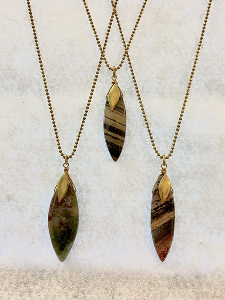Handmade Semi Precious Stones Leaf Drop Charm Long Necklace