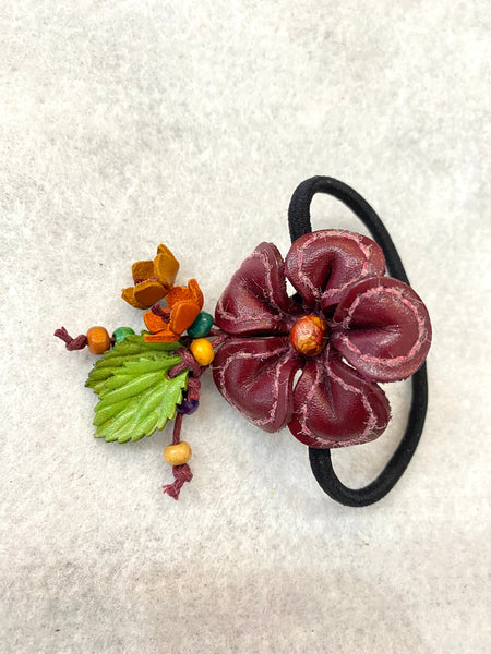 Flower Genuine Leather Scrunchies / Hair Ties with Dangling Flower Buds and Leaves