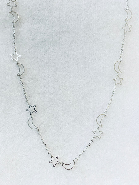 Cute Long Moon and Stars Silver Chain Necklace