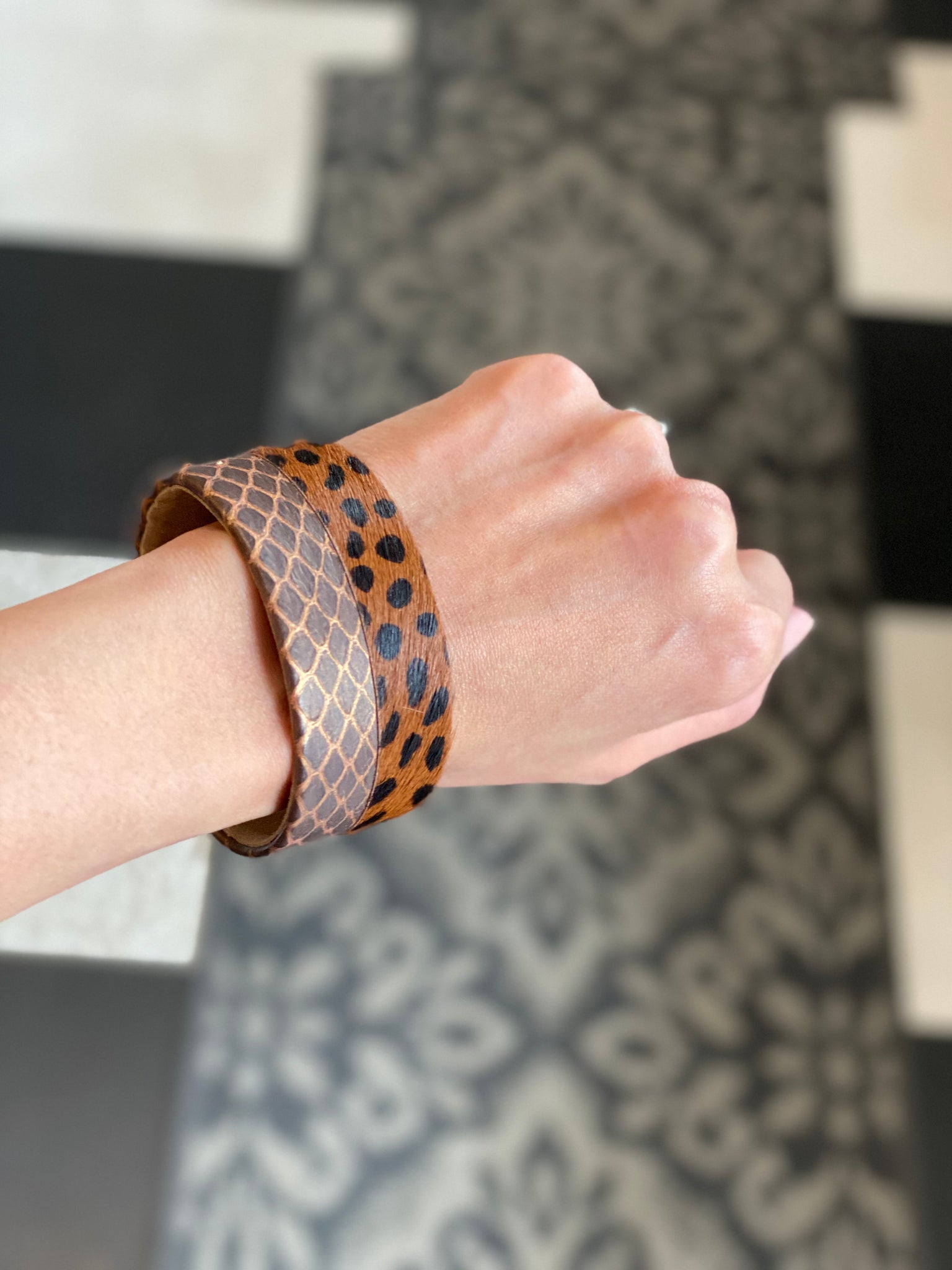 Modern cuff bracelet made with mix animal print design